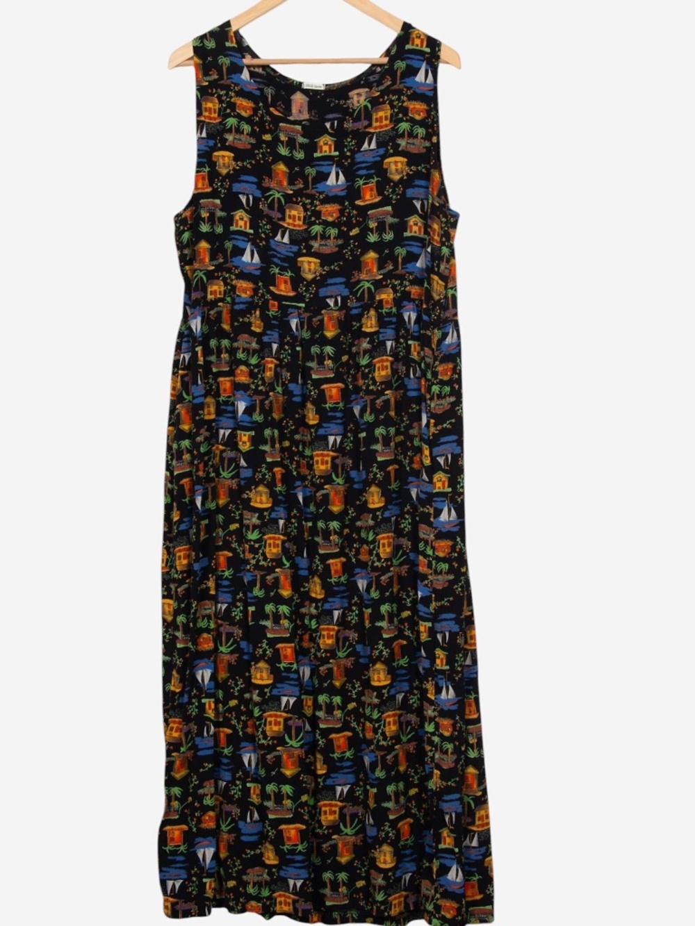 vintage 90s leslie mark black tropical beach print summer tank maxi dress